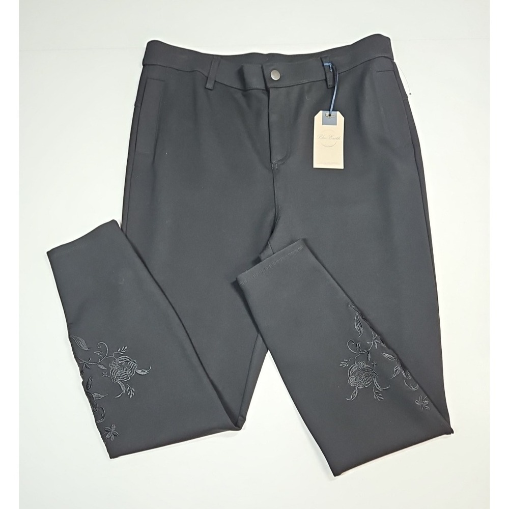 Blue Earth Womens Black‎ High Rise Slim Leg Embroidered Pants Size Large NWT